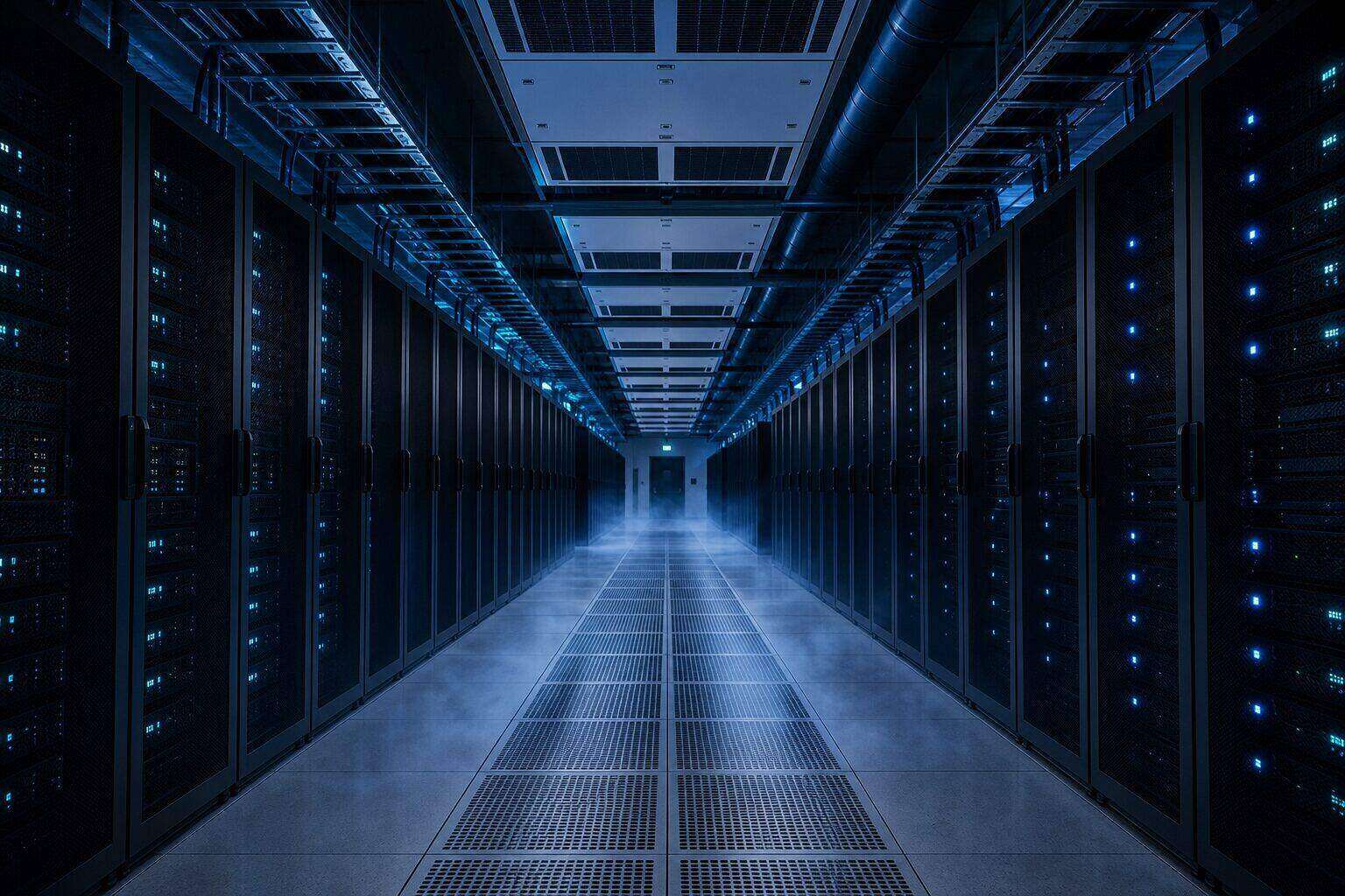 Data centre cold aisle with precision CRAC cooling units and blue LED status lighting, CRAC Services Australia